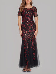 Mesh Embroidered Sequin Evening Gown Fishtail Dress