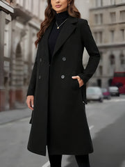 Notched Lapel Double-Breasted Belted Fully Lined Mid-Length Coat