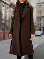 Notched Lapel Double-Breasted Belted Fully Lined Mid-Length Coat