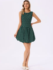 Polka Dot Sleeveless Crew Neck Mini Puff Dress