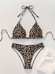 Halter Neck Floral Leopard Triangle Cup Swimsuit Bikinis Sets