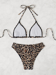Halter Neck Floral Leopard Triangle Cup Swimsuit Bikinis Sets