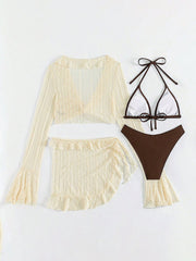 Swimwear Beach Lace Long Sleeve Cover-Ups & Halter Neck Bikinis Set