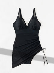 Sleeveless Mesh Drawstring Slimming One-Piece Swimsuit