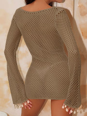 Hollow Out Beach Shell Decor Long Sleeve Cover Ups