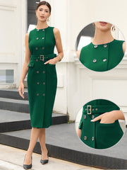 Double Breasted Pocketed Sleeveless Business Belted Sheath Dress