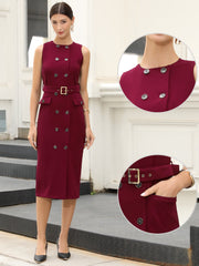Double Breasted Pocketed Sleeveless Business Belted Sheath Dress