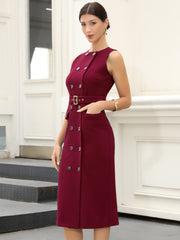 Double Breasted Pocketed Sleeveless Business Belted Sheath Dress