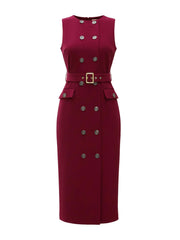 Double Breasted Pocketed Sleeveless Business Belted Sheath Dress