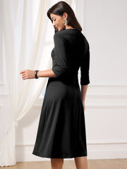 Work Keyhole Neck 3/4 Sleeve Belted Office A-Line Dress