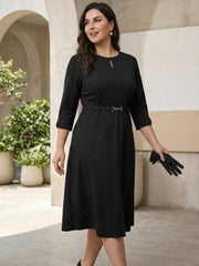 Work Keyhole Neck 3/4 Sleeve Belted Office A-Line Dress