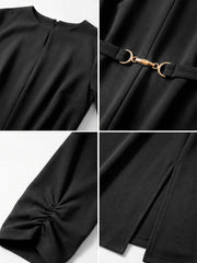 Work Keyhole Neck 3/4 Sleeve Belted Office A-Line Dress