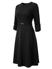 Work Keyhole Neck 3/4 Sleeve Belted Office A-Line Dress