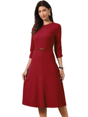 Work Keyhole Neck 3/4 Sleeve Belted Office A-Line Dress