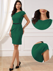 Cap Sleeve V Neck Casual Work Office Belted Sheath Dress