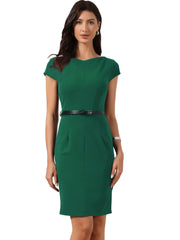 Cap Sleeve V Neck Casual Work Office Belted Sheath Dress