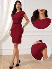 Cap Sleeve V Neck Casual Work Office Belted Sheath Dress