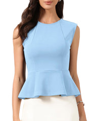 Sleeveless Crew Neck Flared Hem Work Office Peplum Blouse