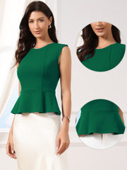 Sleeveless Crew Neck Flared Hem Work Office Peplum Blouse