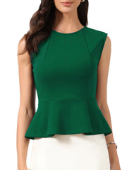 Sleeveless Crew Neck Flared Hem Work Office Peplum Blouse