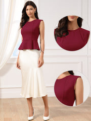 Sleeveless Crew Neck Flared Hem Work Office Peplum Blouse