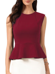 Sleeveless Crew Neck Flared Hem Work Office Peplum Blouse