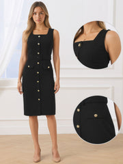 Sleeveless Square Neck Formal Belted Midi Work Dress