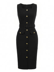 Sleeveless Square Neck Formal Belted Midi Work Dress