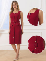 Sleeveless Square Neck Formal Belted Midi Work Dress