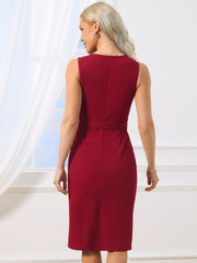 Sleeveless Square Neck Formal Belted Midi Work Dress