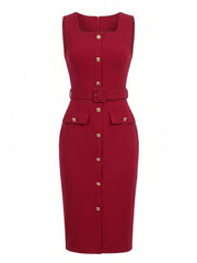 Sleeveless Square Neck Formal Belted Midi Work Dress