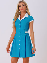 Retro Button Down Flat Collar Belted Office Mini Shirt Dress