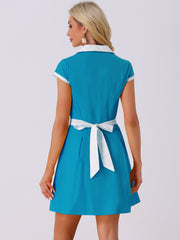 Retro Button Down Flat Collar Belted Office Mini Shirt Dress
