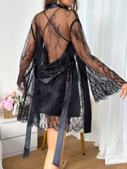 2 Pieces Backless Mini Night Gown & Lace Sheer Kimonos Loungewear Set