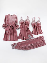 4 Pieces Velvet Padded Nightgown & Camisole & Pants & Long Sleeves Kimonos Loungewear Set