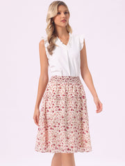 Floral Smocked Elastic Waist Knee Length Ruffle Tiered Skirt