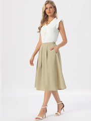 Pleated High Waisted Vintage A-Line Business Casual Midi Skirts