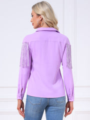 Glitter Fringe Long Sleeve Button Down Disco Party Cowgirl Blouse