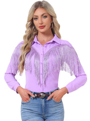 Glitter Fringe Long Sleeve Button Down Disco Party Cowgirl Blouse