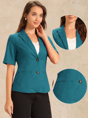 Cotton Linen Office Business Short Sleeve Notched Lapel Blazer Jacket