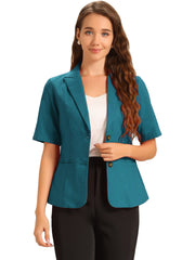Cotton Linen Office Business Short Sleeve Notched Lapel Blazer Jacket