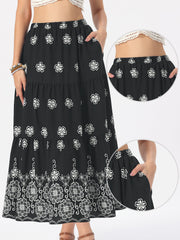 Boho Floral A-Line Tiered Maxi Skirt With Pockets