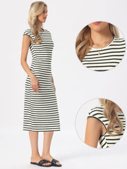 Striped Crew Neck Cap Sleeve Knit Midi Dress