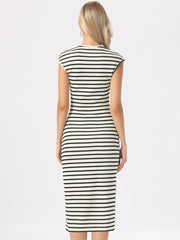 Striped Crew Neck Cap Sleeve Knit Midi Dress