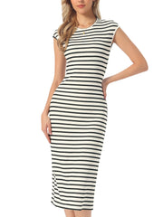 Striped Crew Neck Cap Sleeve Knit Midi Dress