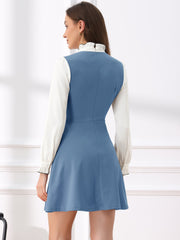 Patchwork Contrast Color Long Sleeve Tie Neck Mini Dress