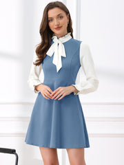 Patchwork Contrast Color Long Sleeve Tie Neck Mini Dress