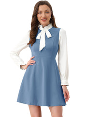 Patchwork Contrast Color Long Sleeve Tie Neck Mini Dress