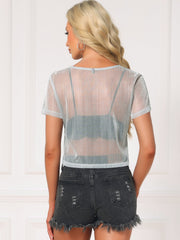 Mesh Short Sleeve Mesh Metallic Party See Through Crop Shirt