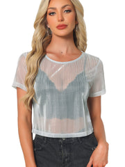 Mesh Short Sleeve Mesh Metallic Party See Through Crop Shirt